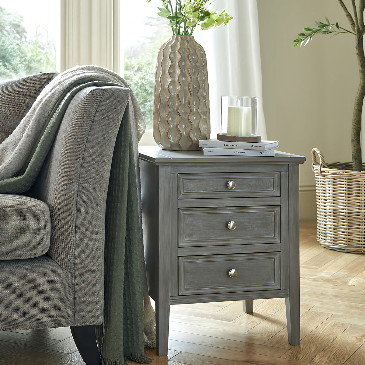 Fairbourne Three Drawer Bedside Table – Distressed Grey