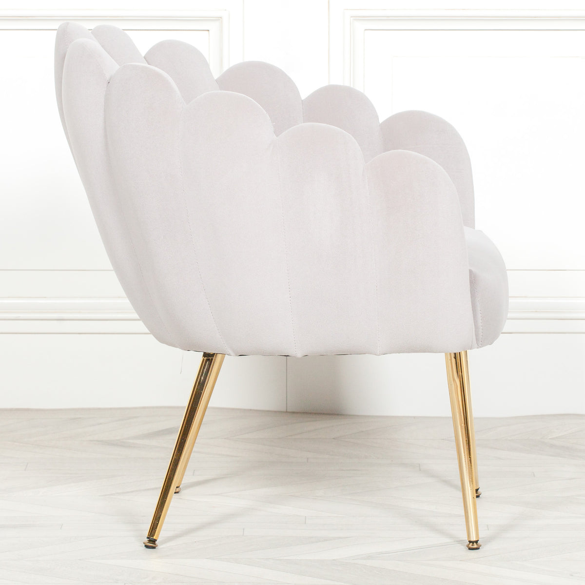 Celeste Scalloped Velvet Chair – Light Grey & Gold