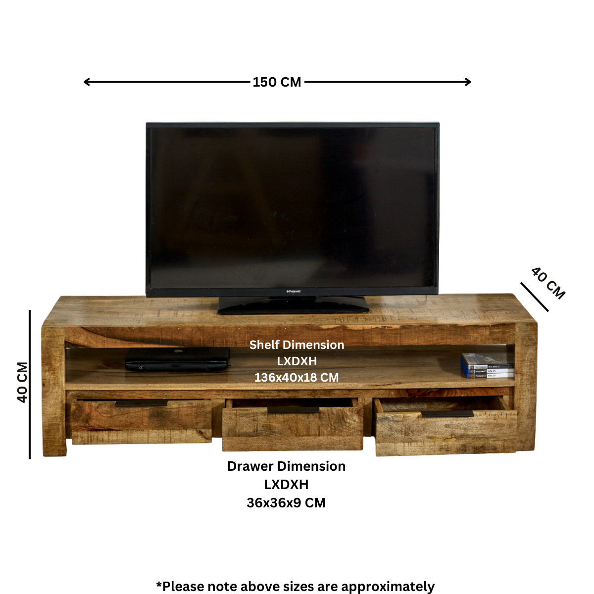 Sundara Large TV Unit with 3 Drawers – Light Mango Wood
