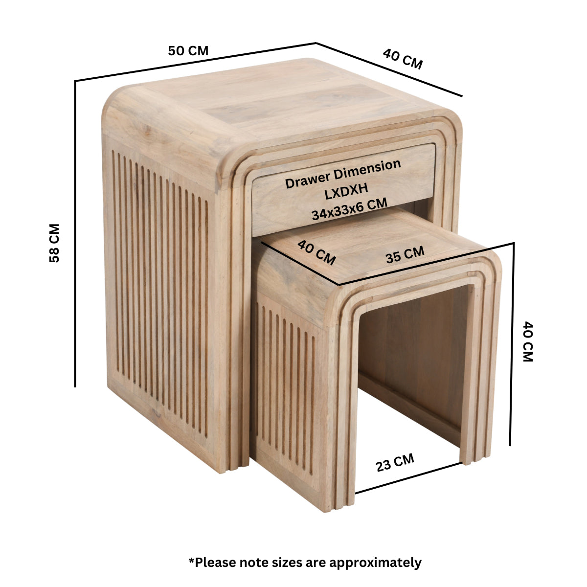 Witton Nest of 2 Tables with Drawer – Carved Mango Wood