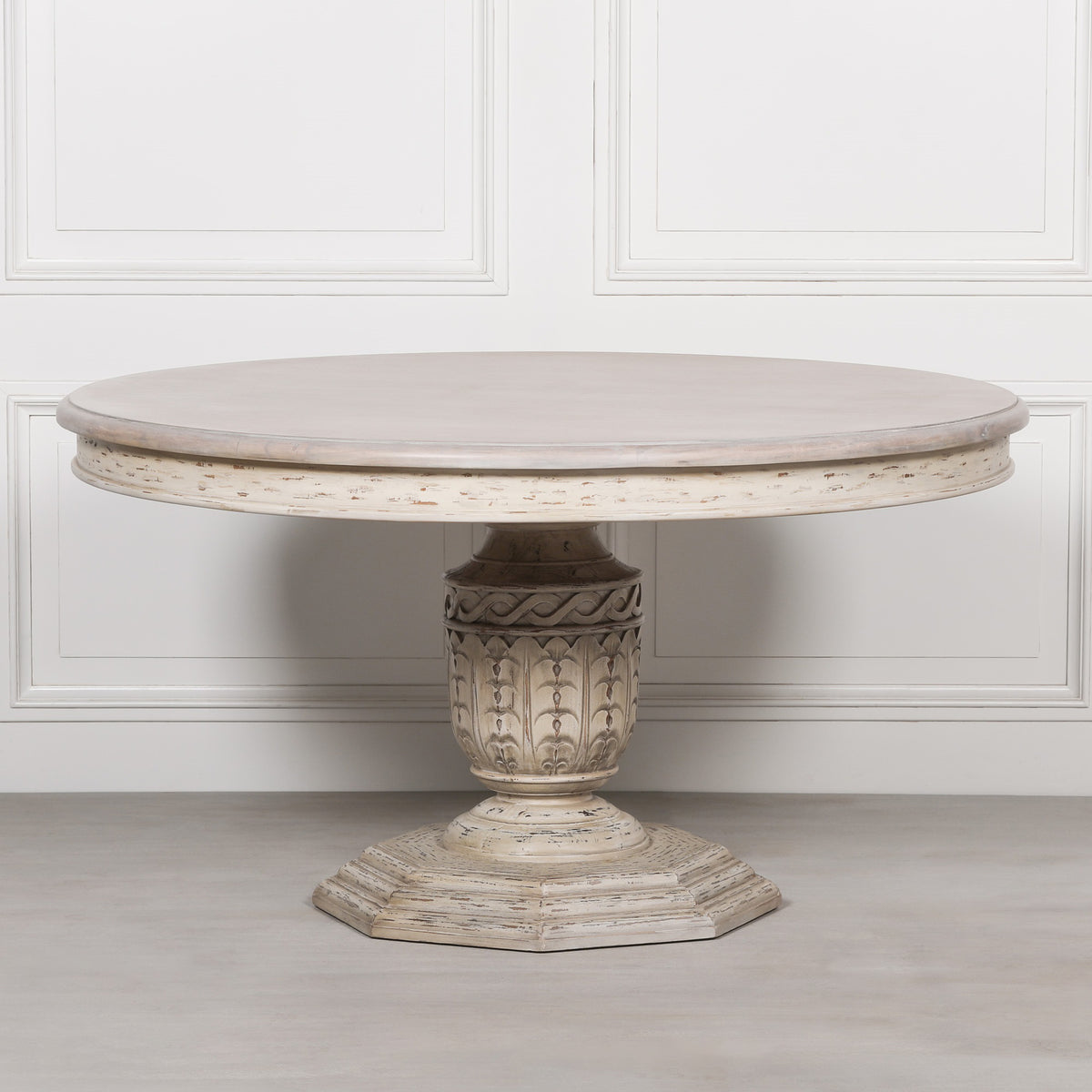 Westbrook Distressed Round Dining Table 145cm – White Cedar