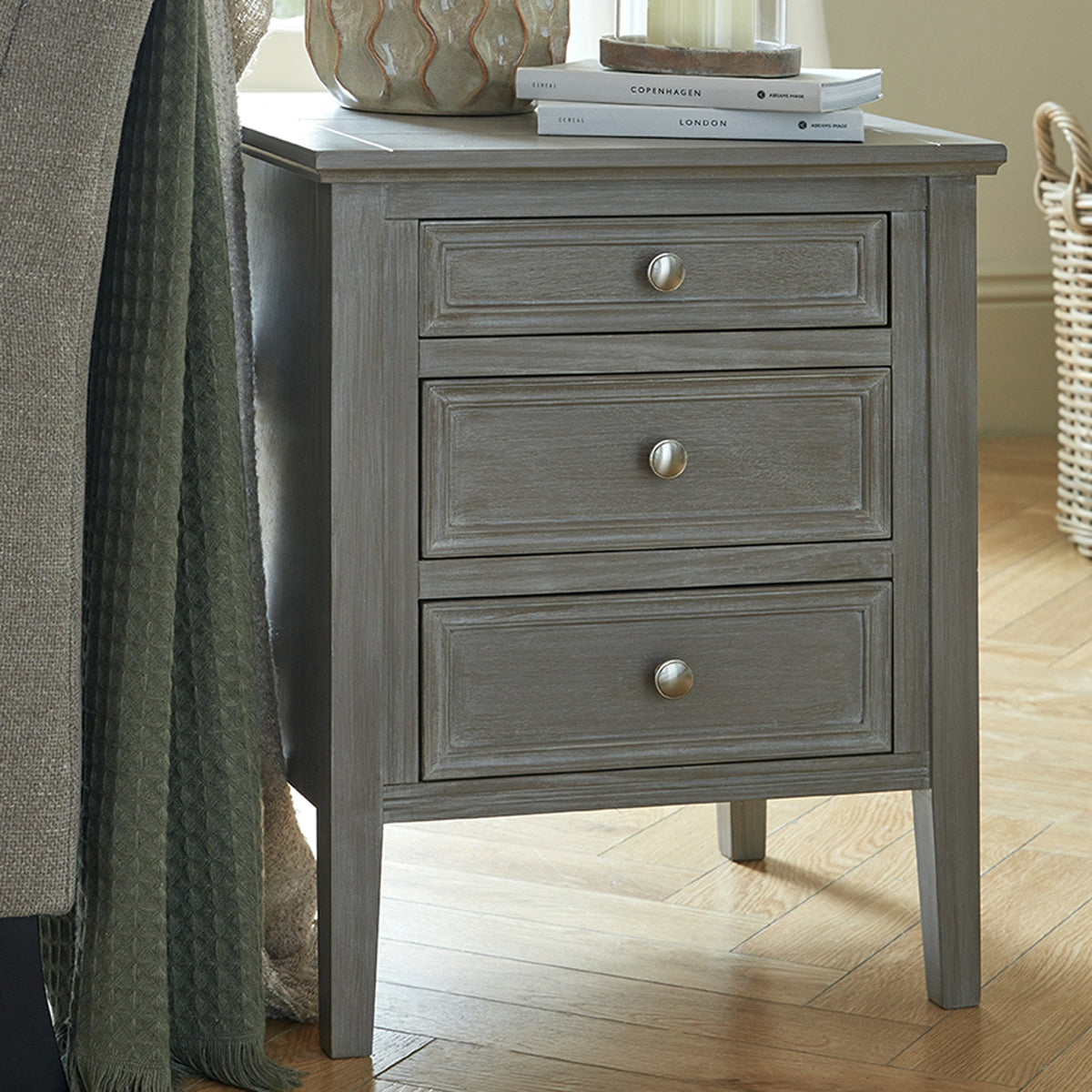 Fairbourne Three Drawer Bedside Table – Distressed Grey