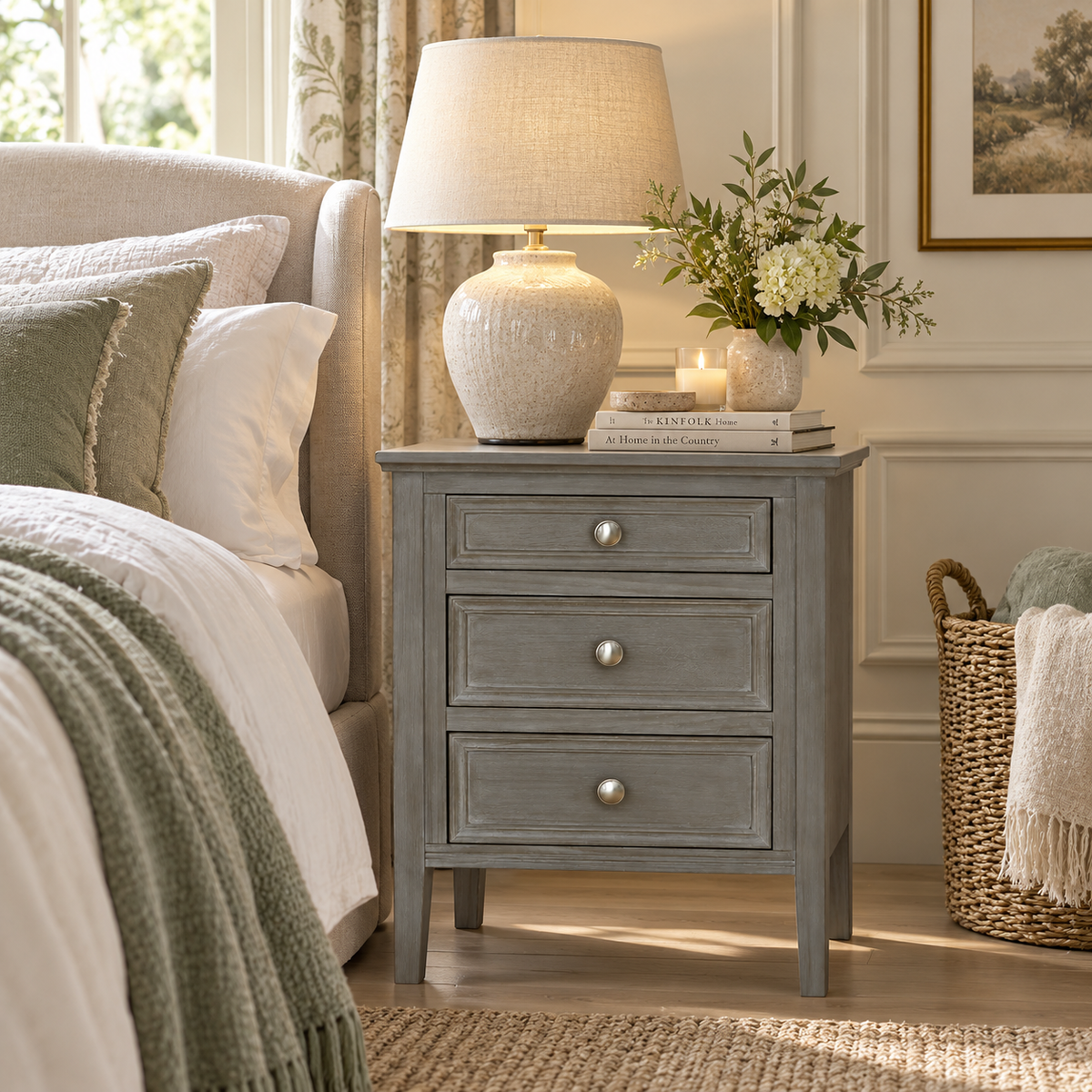 Fairbourne Three Drawer Bedside Table – Distressed Grey