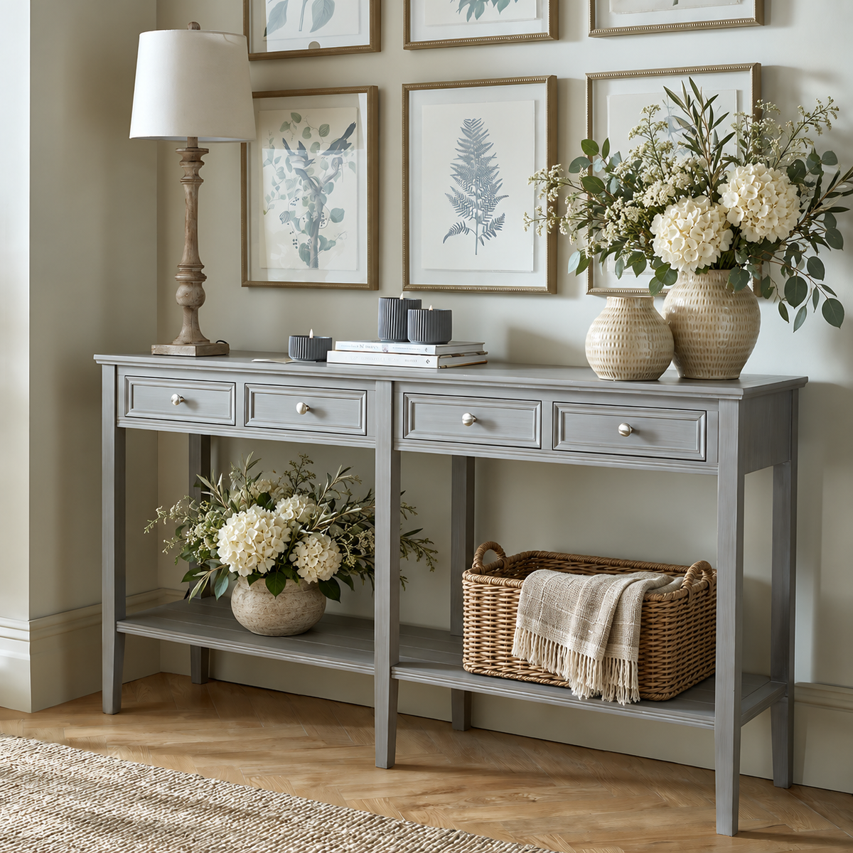 Fairbourne Four Drawer Console Table – Distressed Grey