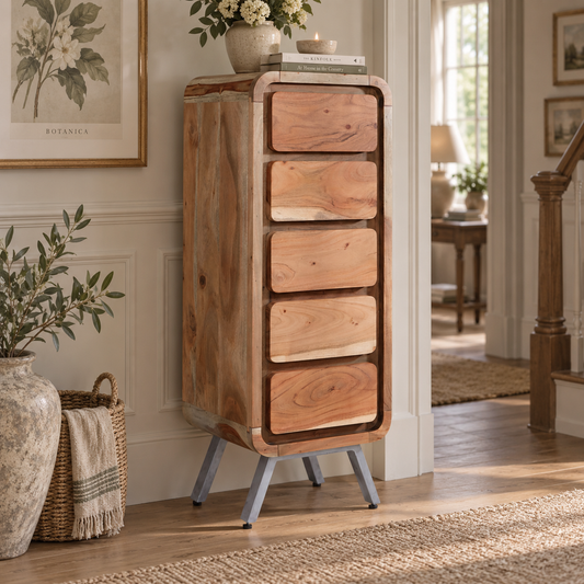 Norleigh 5 Drawer Tall Chest – Reclaimed Wood & Metal