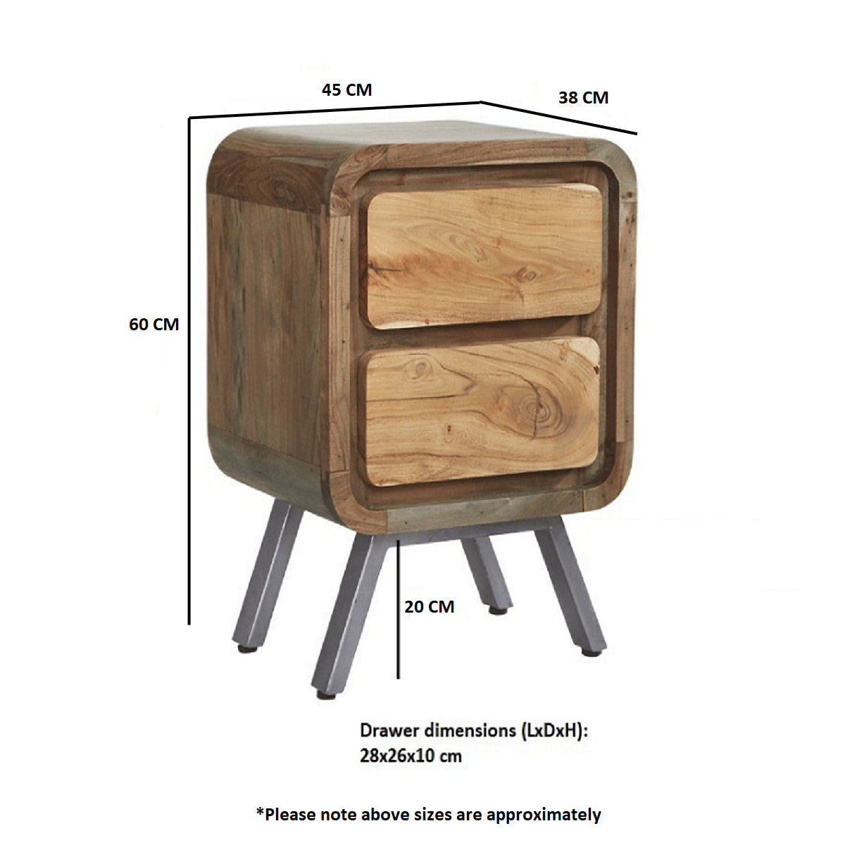 Norleigh 2 Drawer Bedside Table – Reclaimed Wood & Metal