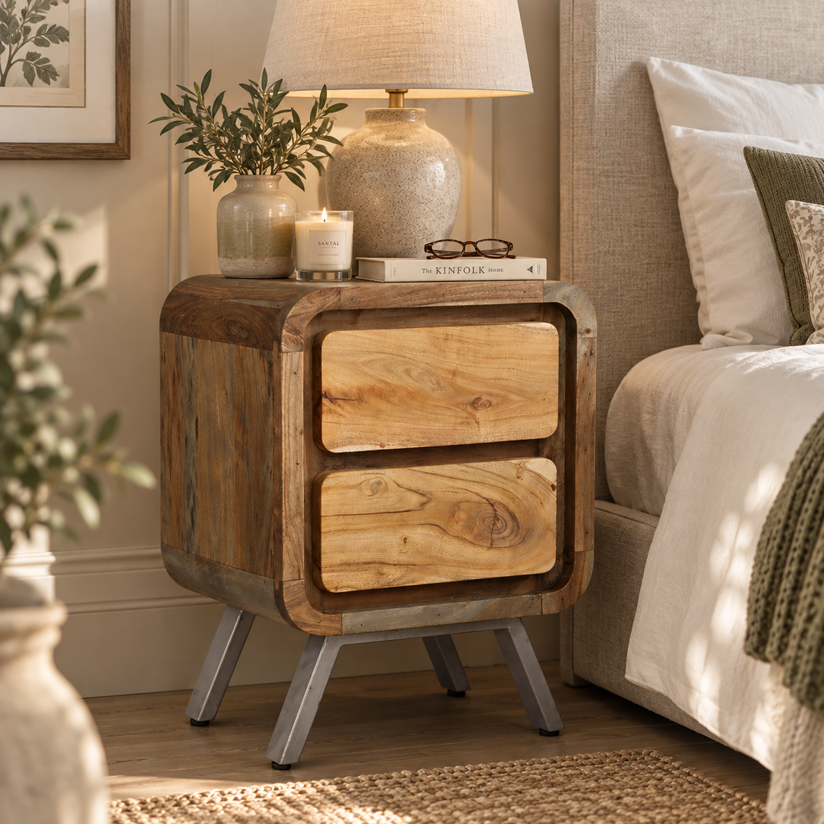 Norleigh 2 Drawer Bedside Table – Reclaimed Wood & Metal