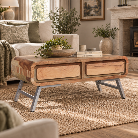 Norleigh 2 Drawer Coffee Table – Reclaimed Wood & Metal
