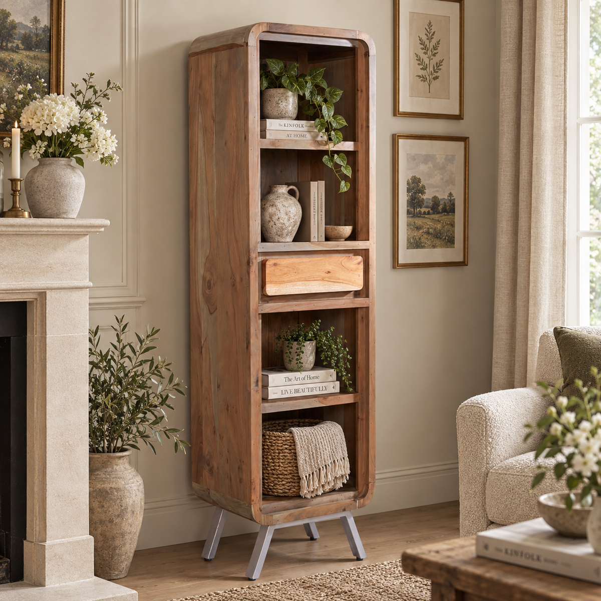 Norleigh Narrow Bookcase – Reclaimed Wood & Metal