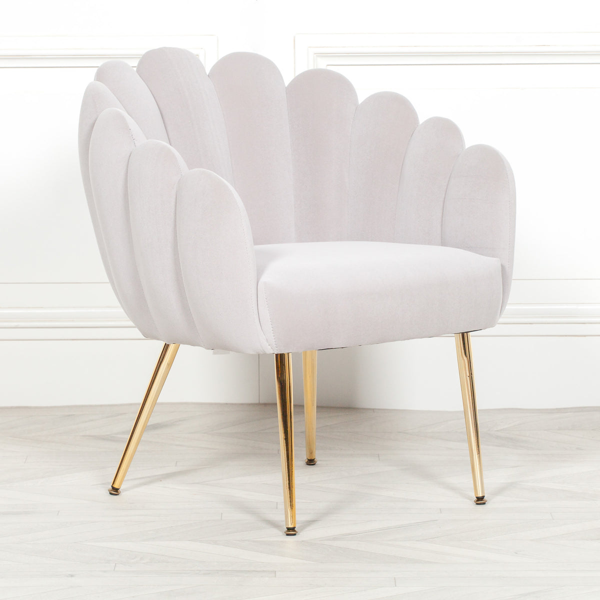 Celeste Scalloped Velvet Chair – Light Grey & Gold