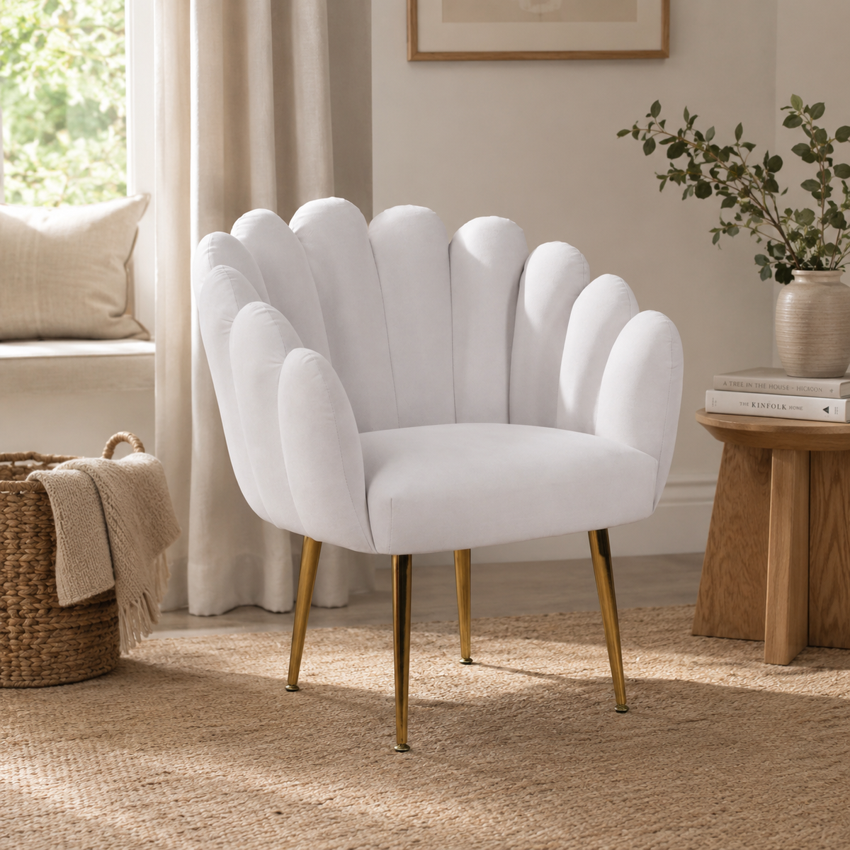 Celeste Scalloped Velvet Chair – Light Grey & Gold