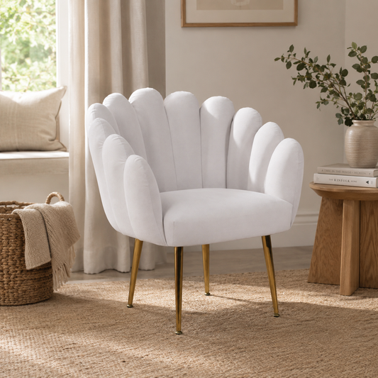 Celeste Scalloped Velvet Chair – Light Grey & Gold