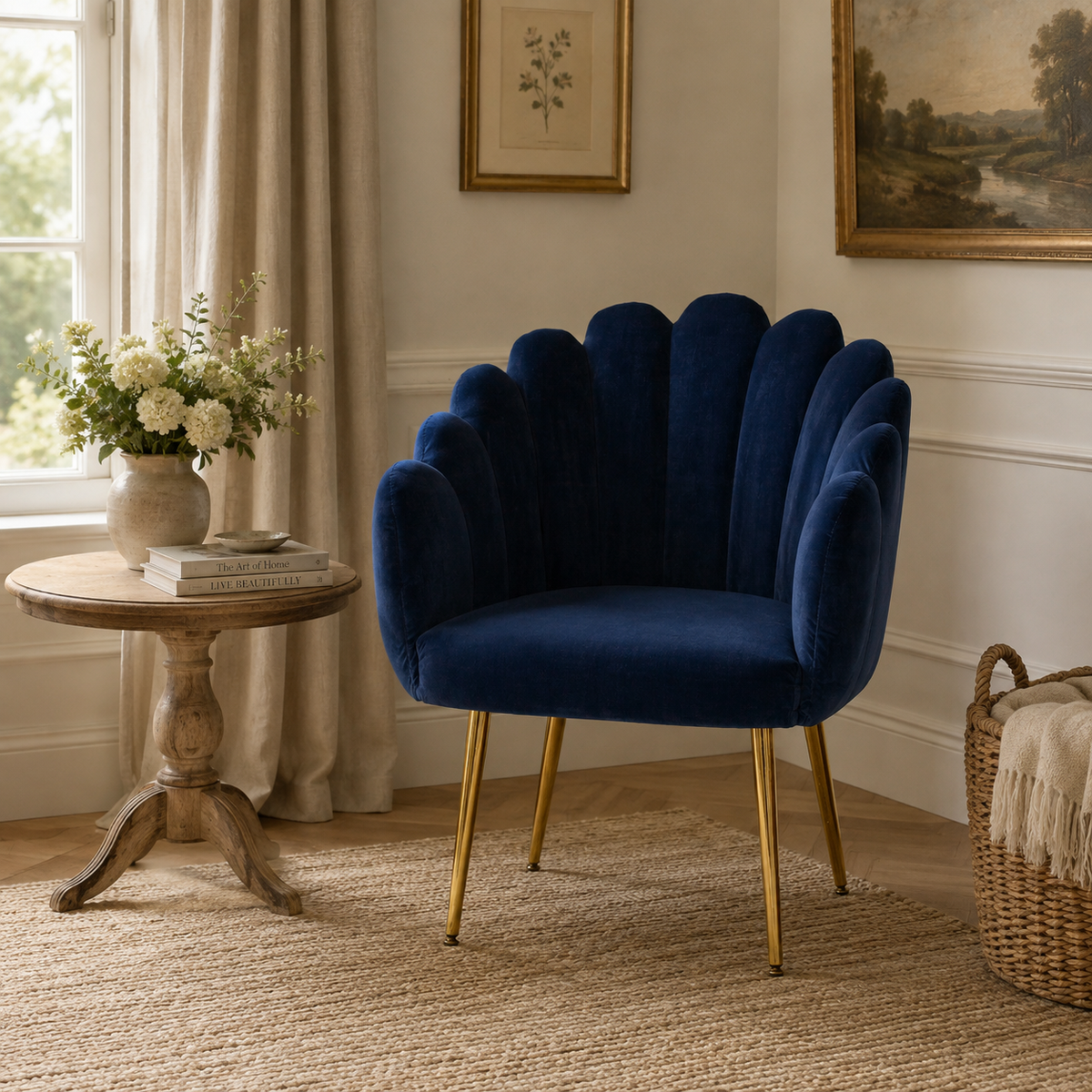 Celeste Scalloped Velvet Chair – Blue & Gold
