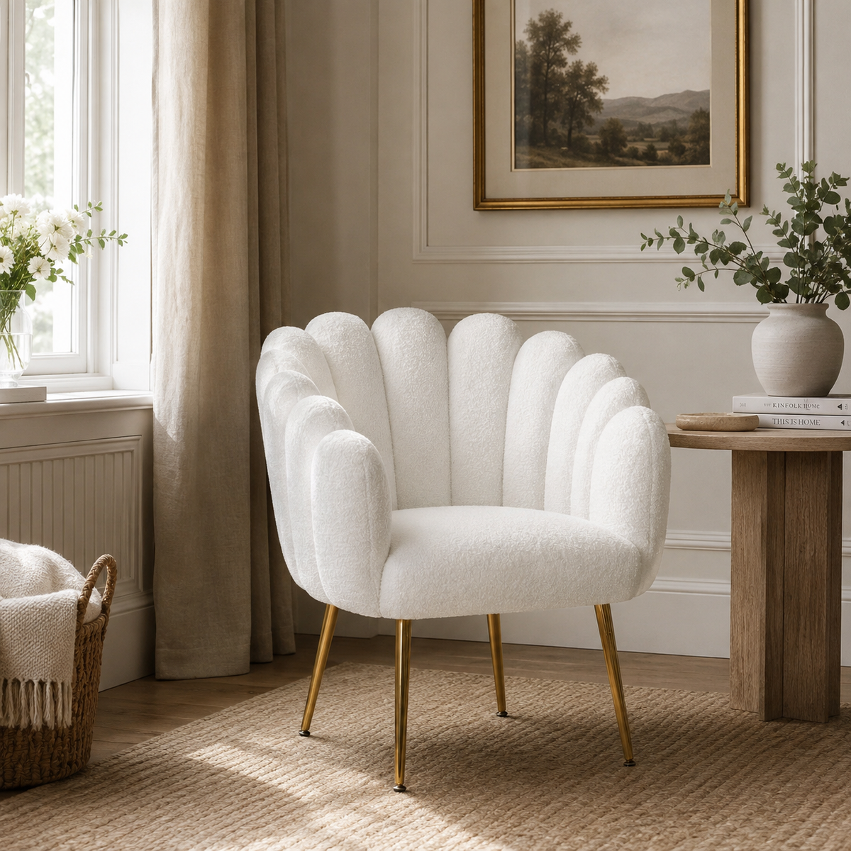 Celeste Scalloped Bouclé Chair – White & Gold