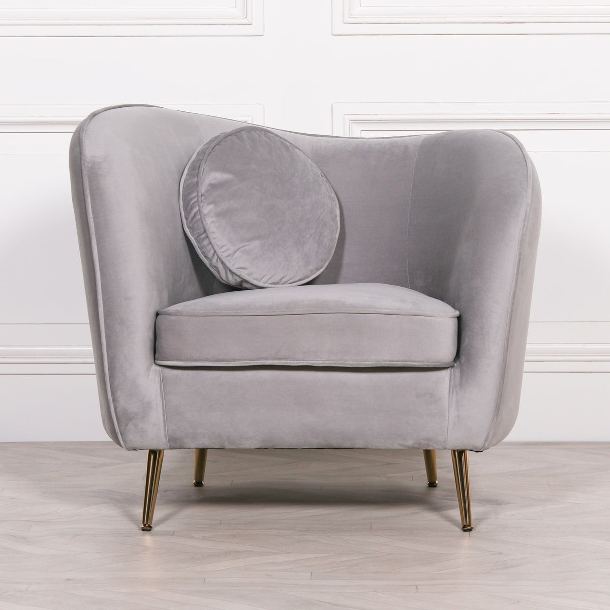 Delphine Velvet Armchair with Cushion – Grey & Gold