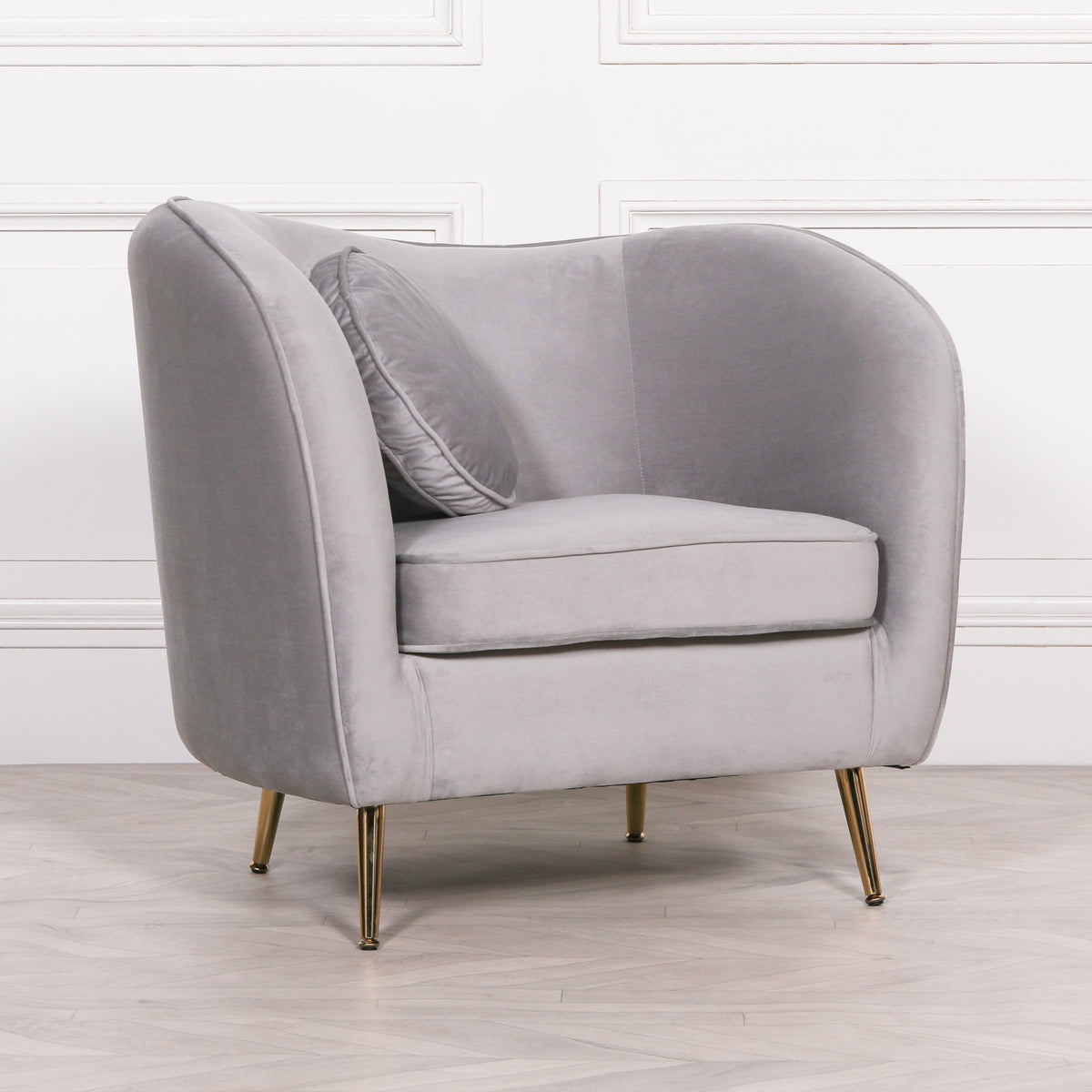 Delphine Velvet Armchair with Cushion – Grey & Gold