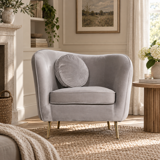 Delphine Velvet Armchair with Cushion – Grey & Gold
