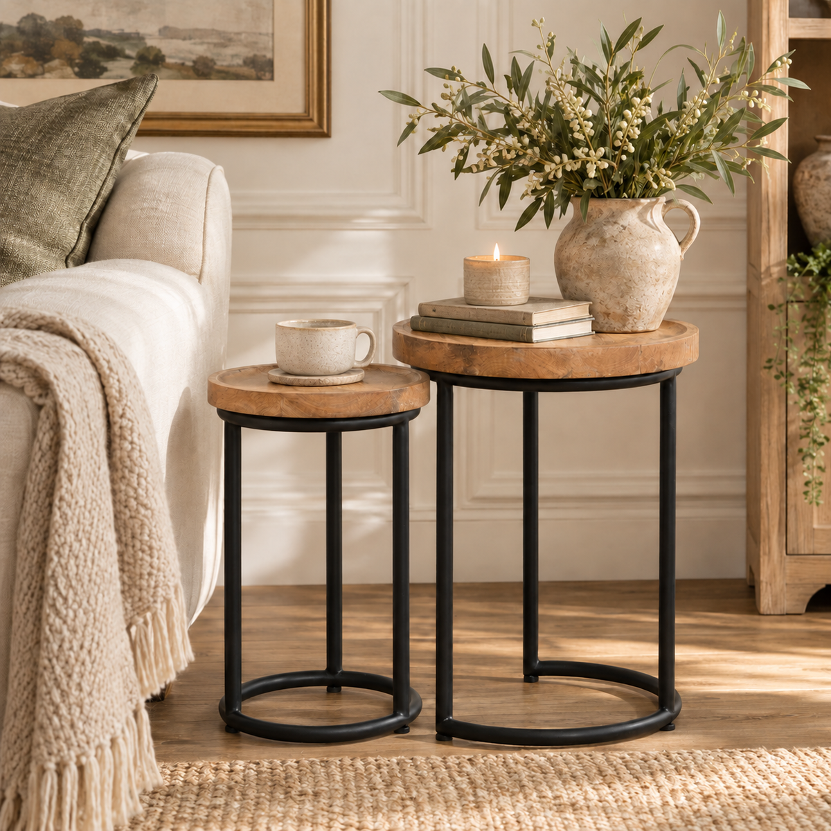 Mango Wood & Black Iron Nesting Side Tables – Set of 2