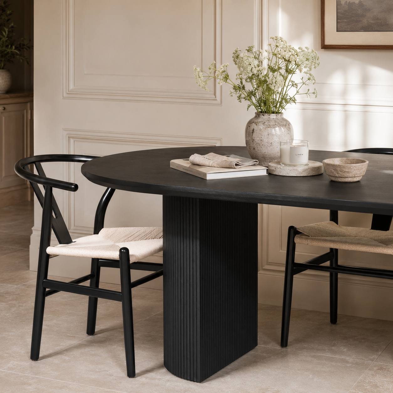 Alderley Fluted Oval Dining Table – Black Painted Acacia