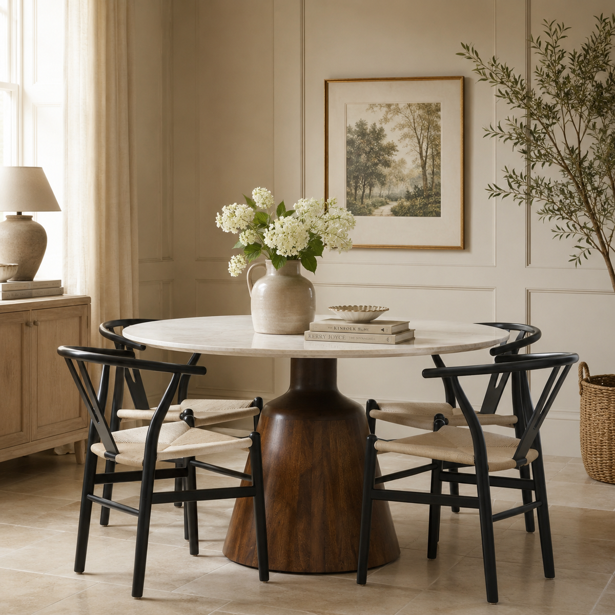 Marlow Round Marble Dining Table 135cm – Acacia Wood
