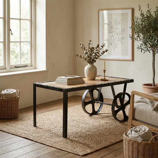 Millstone Cart Coffee Table – Reclaimed Wood & Metal