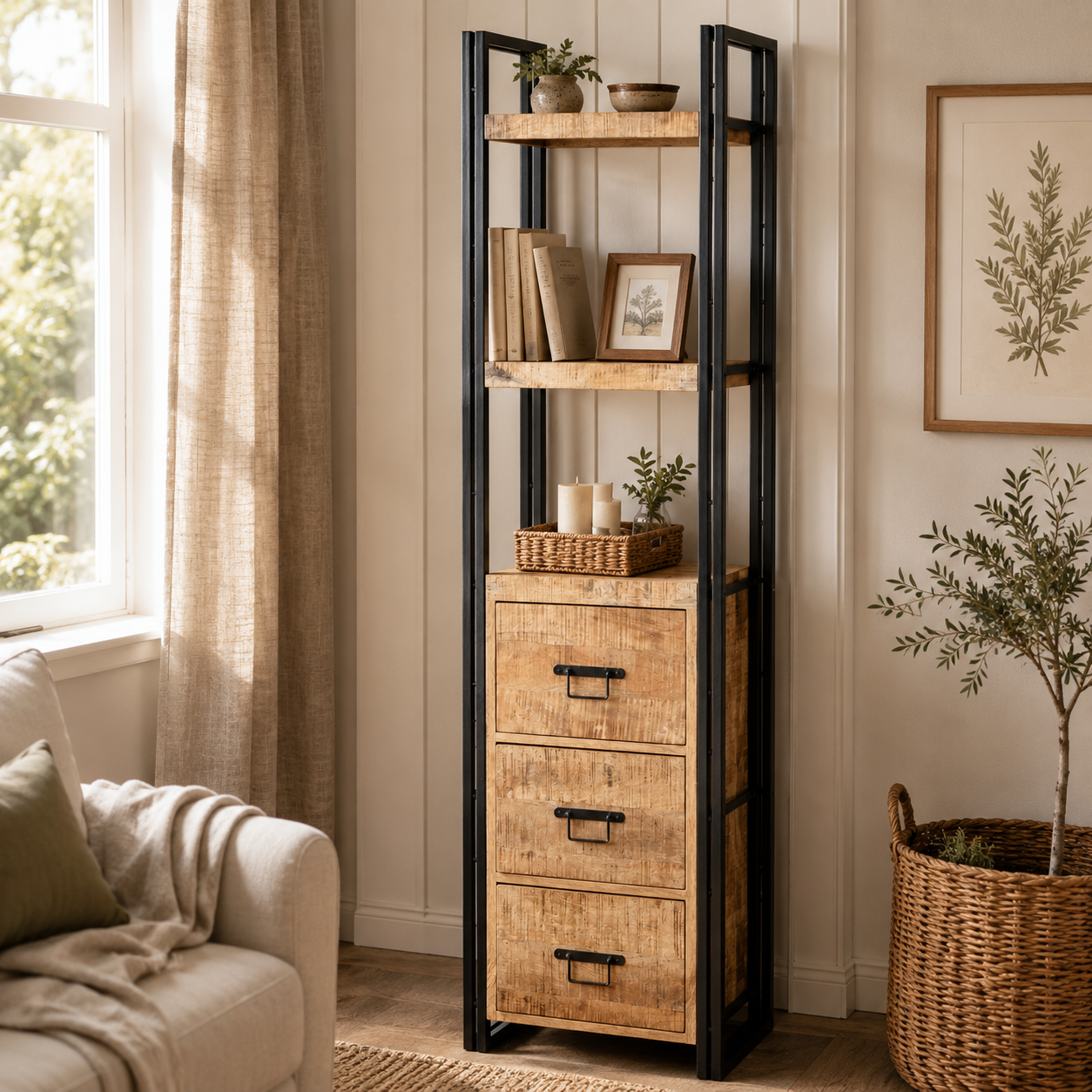 Millstone Slim Bookcase – Reclaimed Wood & Metal