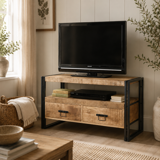 Millstone TV Stand – Reclaimed Wood & Metal