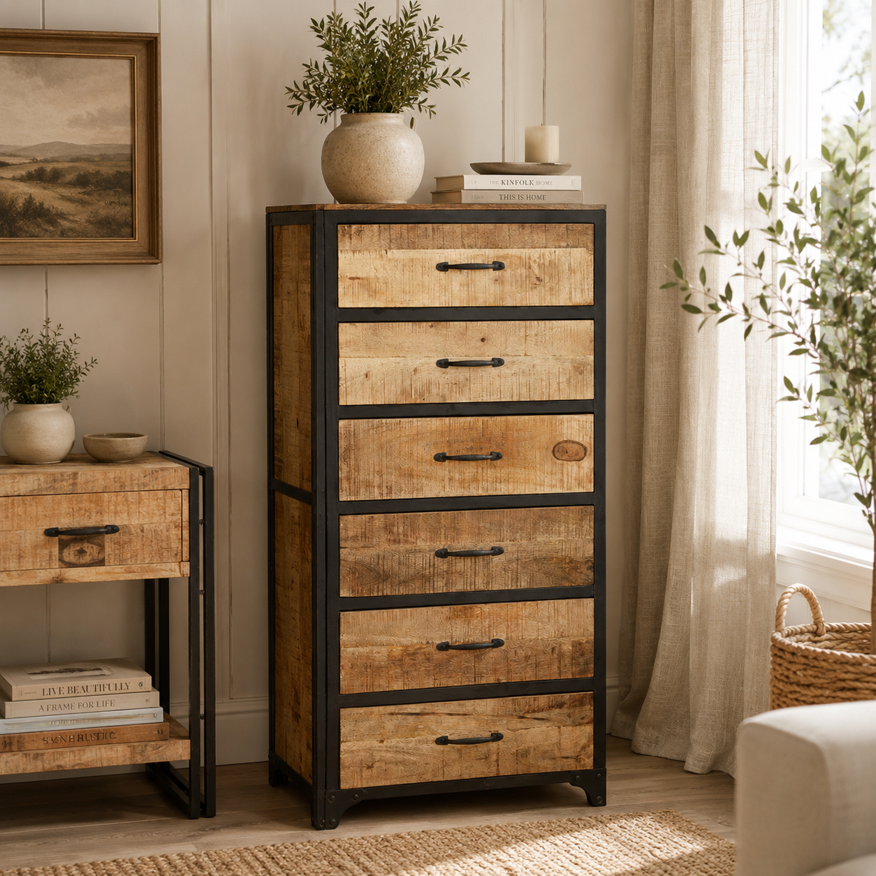 Millstone Tall Chest of Drawers – Reclaimed Wood & Metal