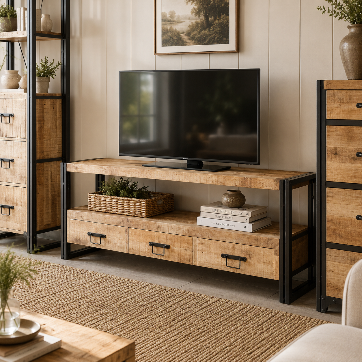 Millstone Large TV Unit with 3 Drawers – Reclaimed Wood & Metal