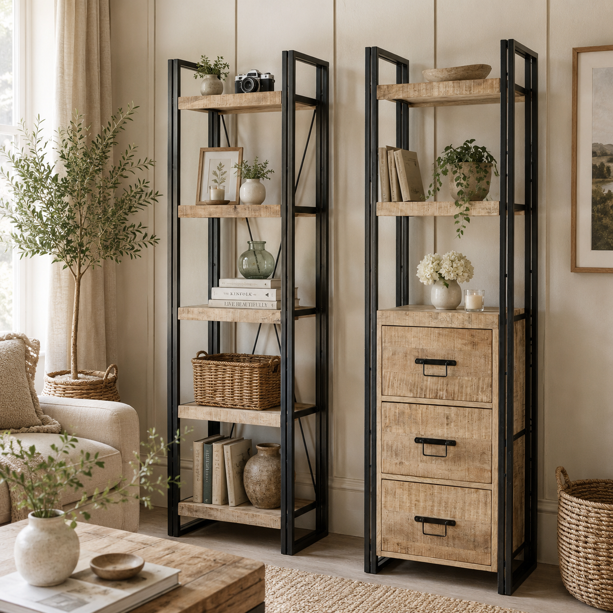 Millstone Slim Open Bookcase – Reclaimed Wood & Metal