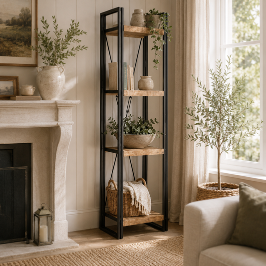 Millstone Slim Open Bookcase – Reclaimed Wood & Metal