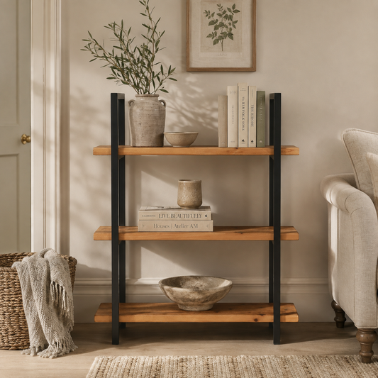 Harrow 3-Tier Open Bookcase – Rustic Pine & Metal