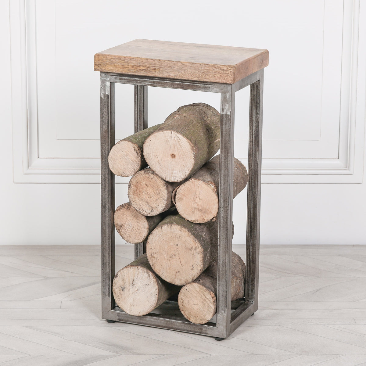 Iron & Mango Wood Log Store Side Table