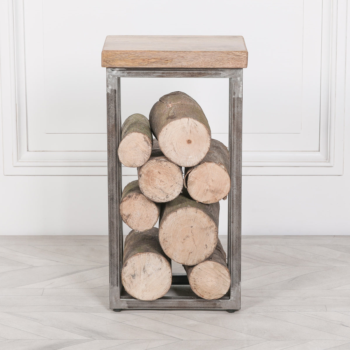Iron & Mango Wood Log Store Side Table