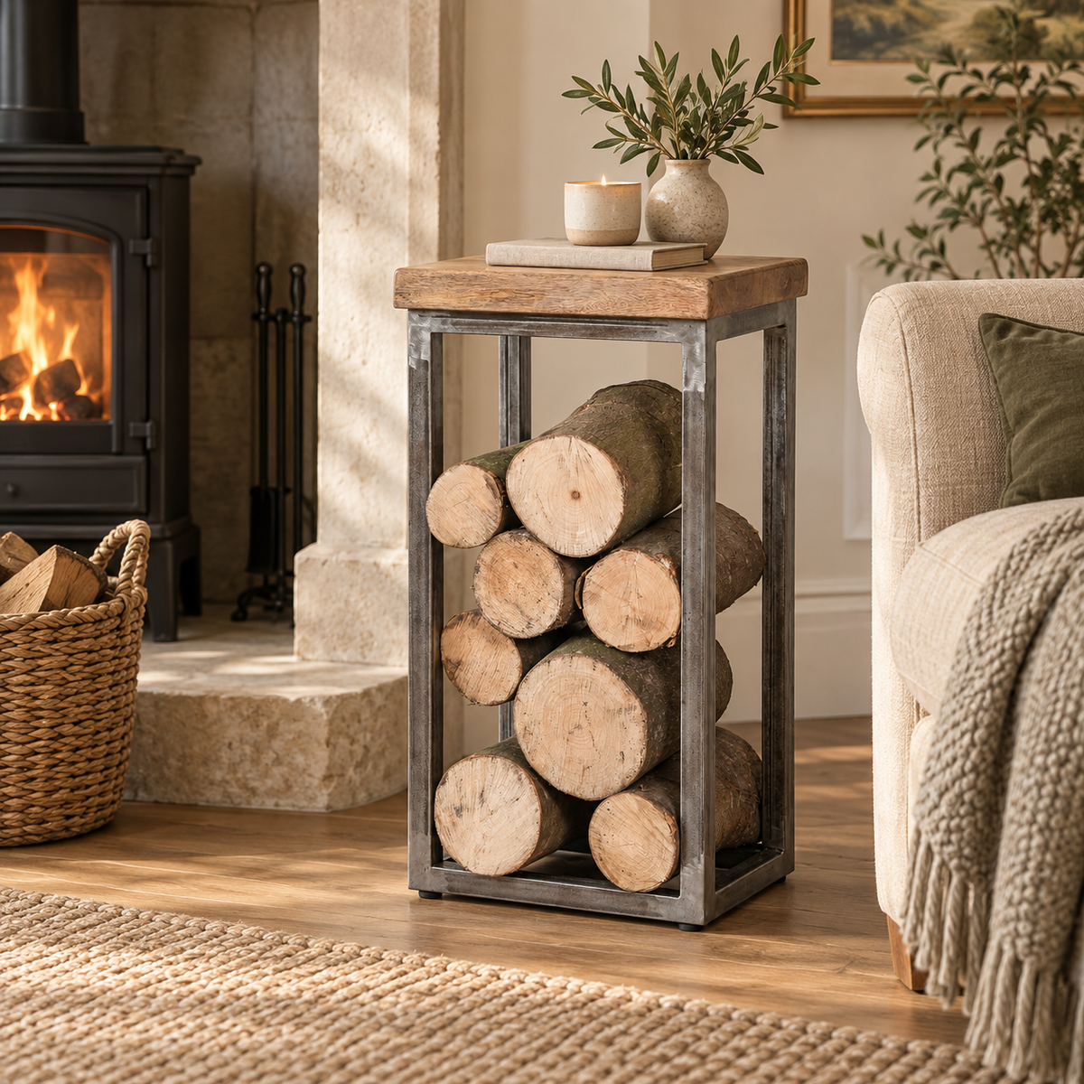 Iron & Mango Wood Log Store Side Table