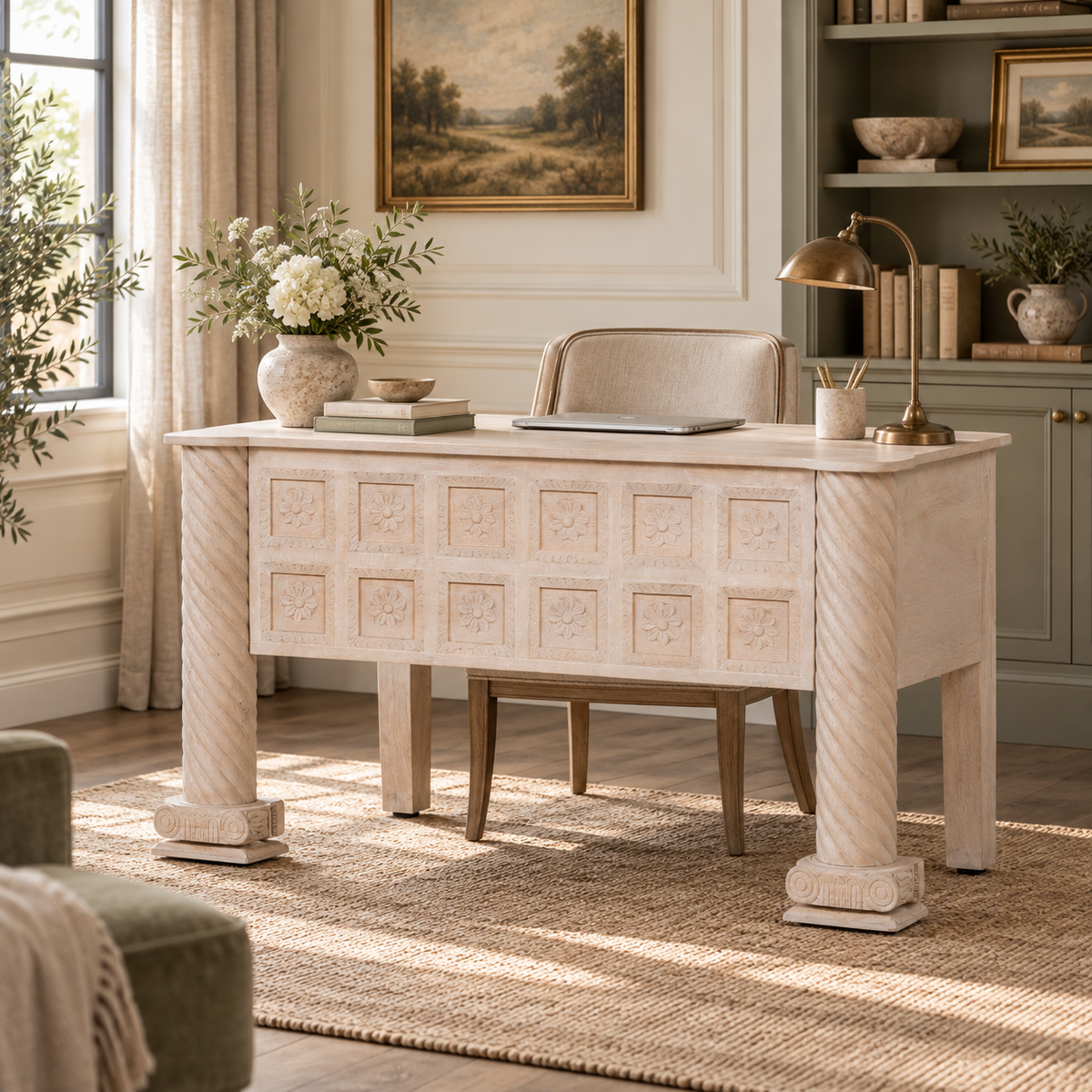 Blanche Carved Mango Wood Home Office Desk