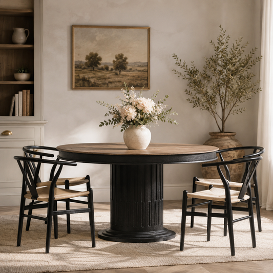 Langford Round Column Dining Table – Black & Rustic Mango