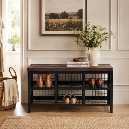 Harrow Shoe Storage Bench – Mango Wood & Black Iron