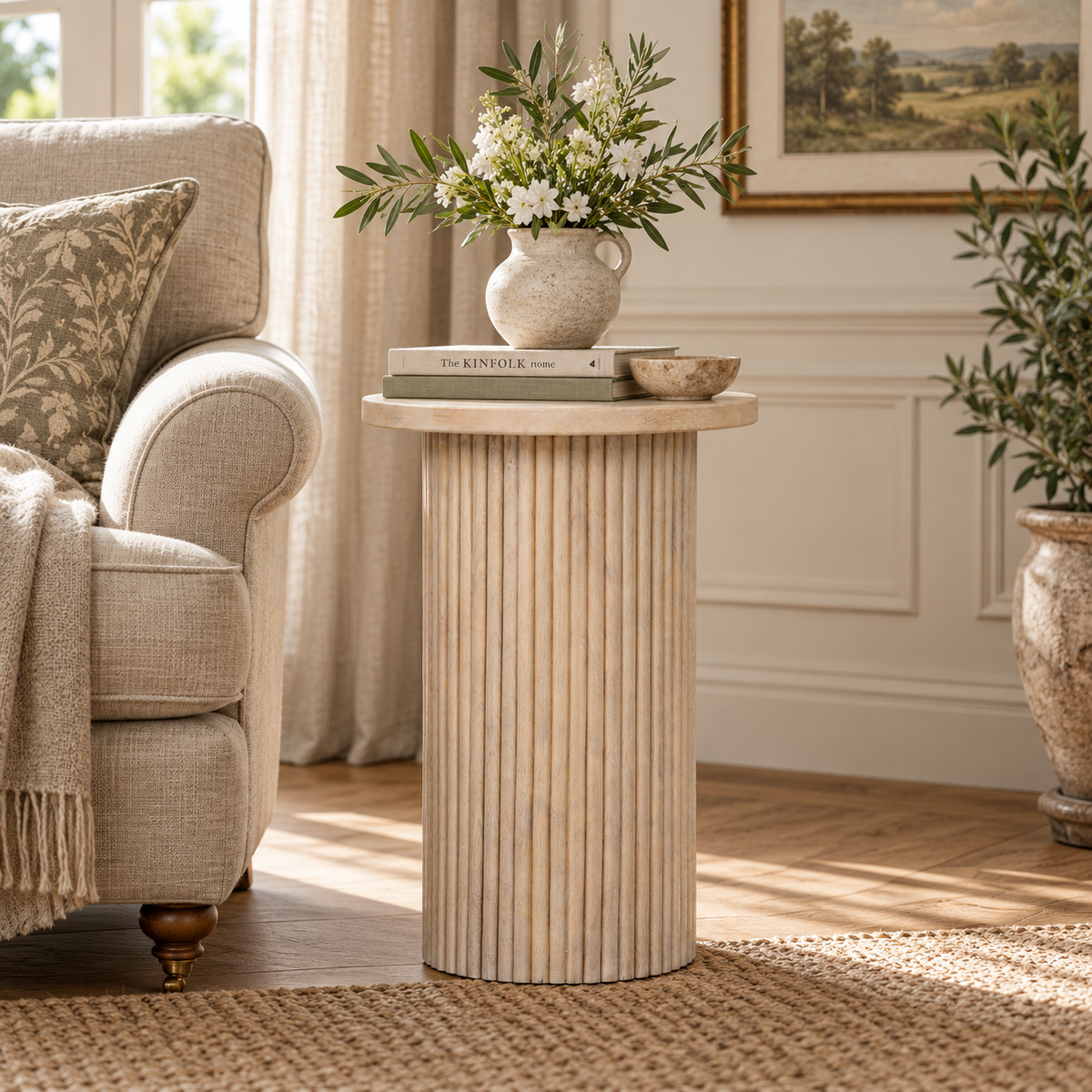 Blanche Ribbed Mango Wood Round Side Table