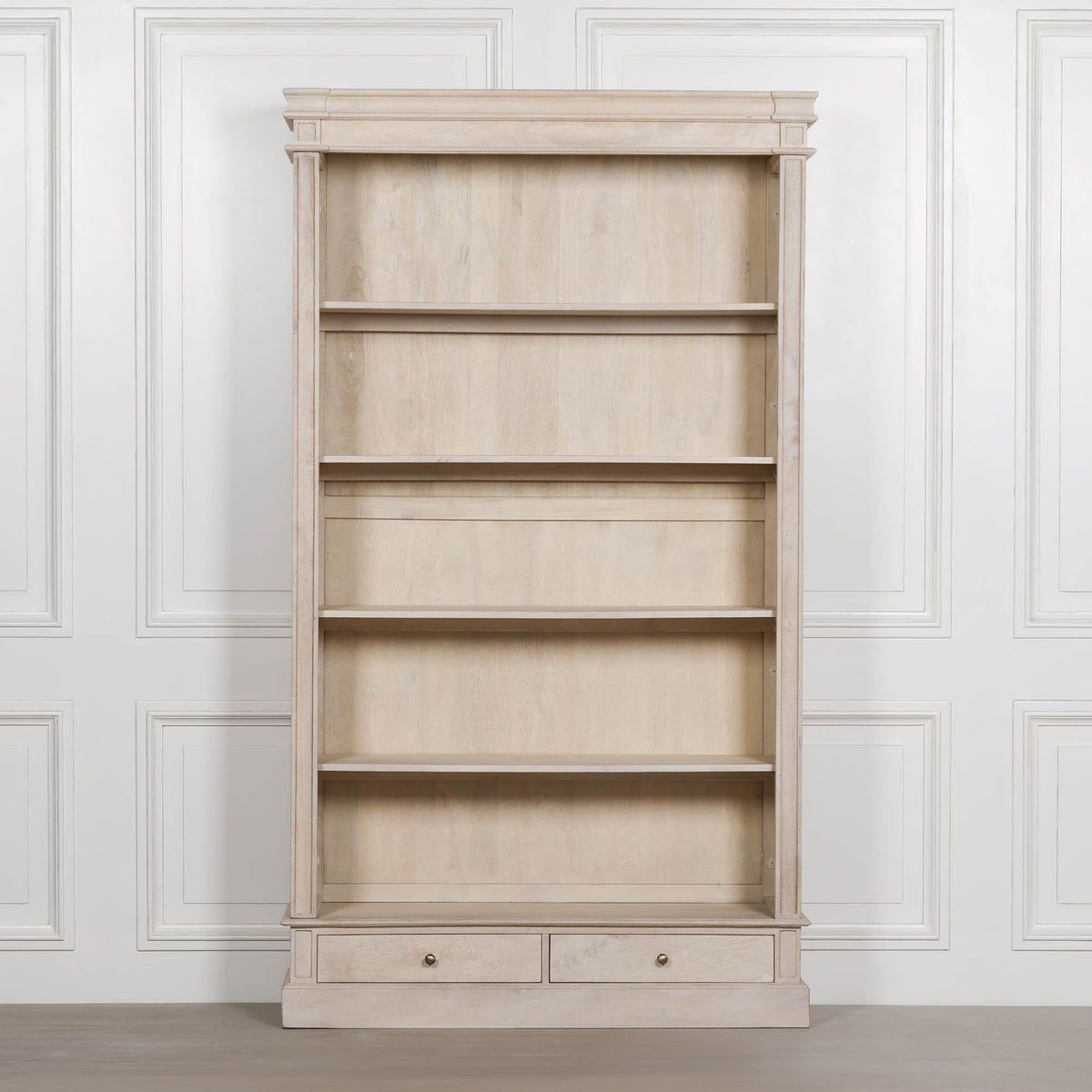 Bramley Open Bookcase with Drawers – Bleached Mango Wood