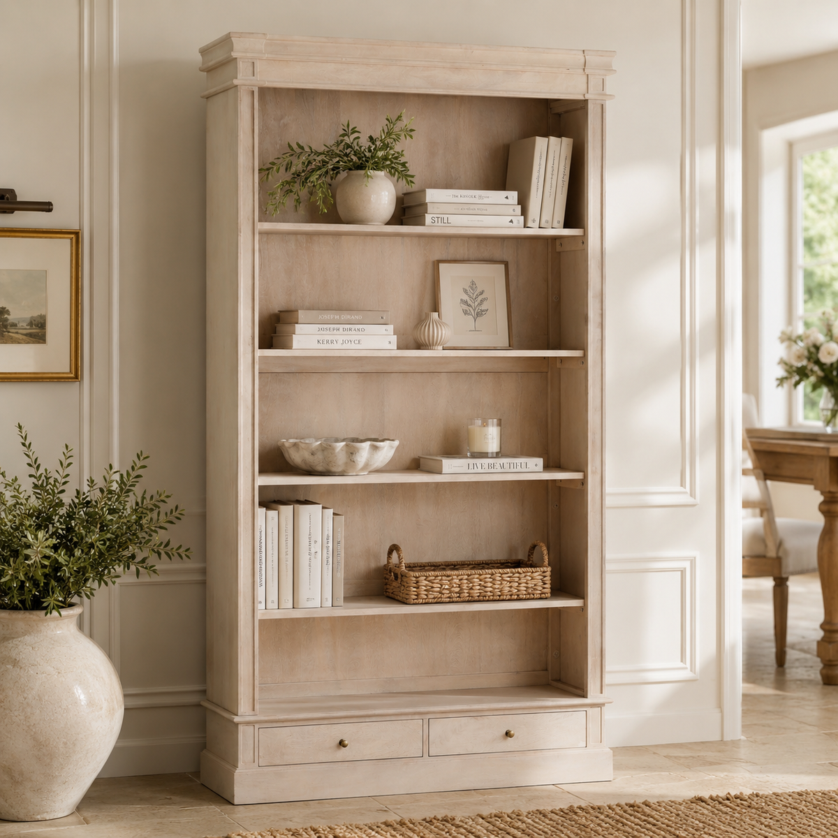 Bramley Open Bookcase with Drawers – Bleached Mango Wood