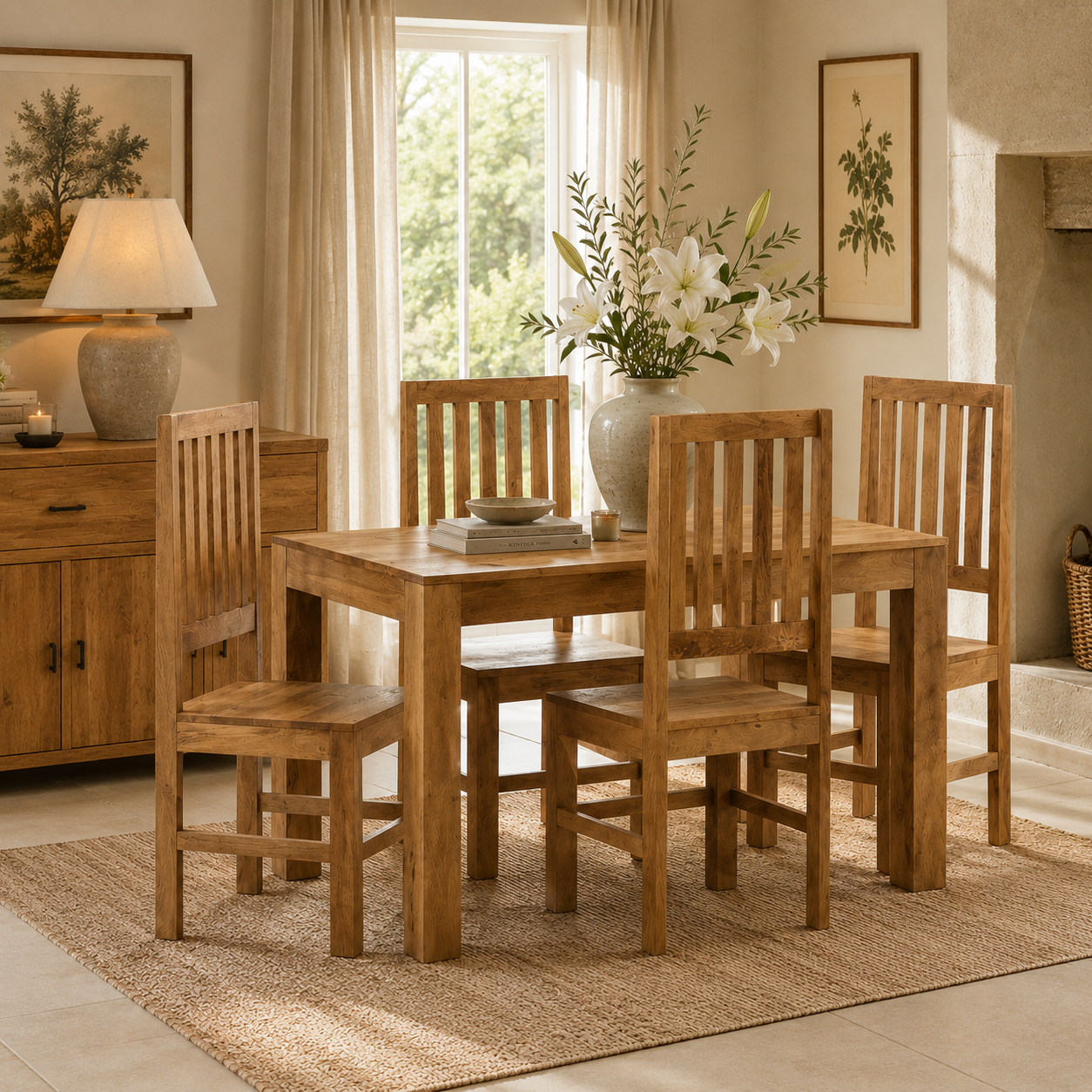 Amrai 4ft Dining Table and 4 Wooden Chairs – Light Mango