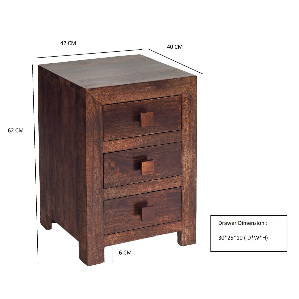 Amrai 3 Drawer Bedside Table – Dark Mango Wood
