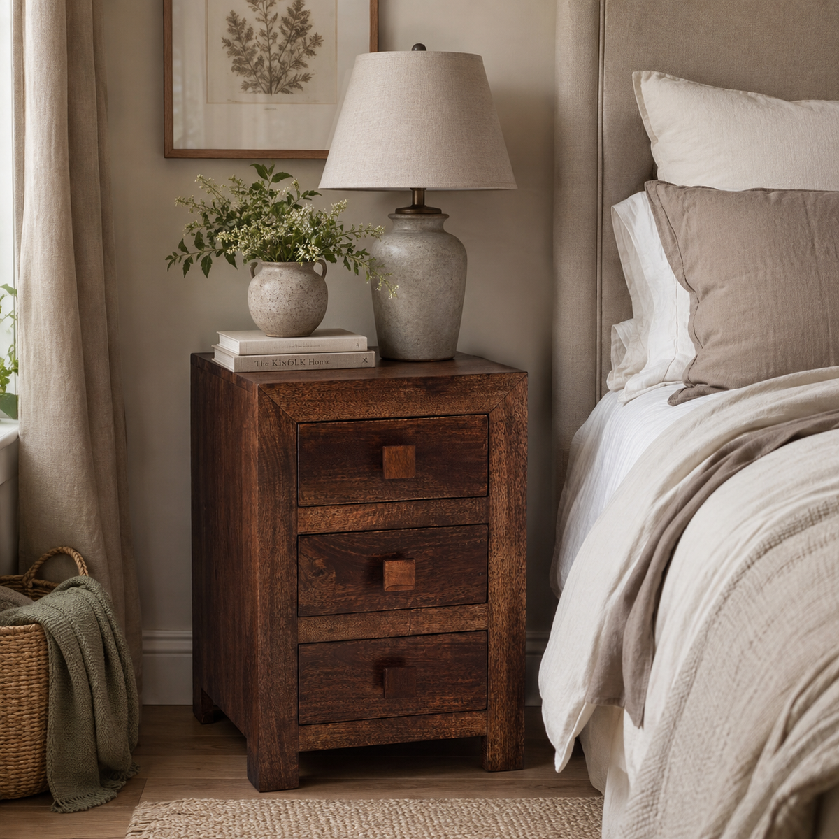 Amrai 3 Drawer Bedside Table – Dark Mango Wood