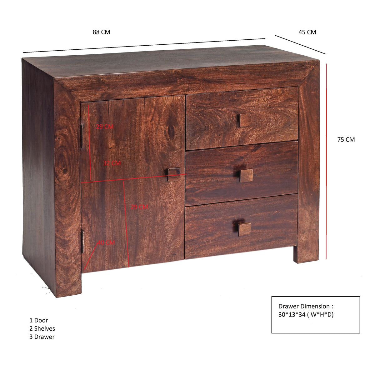Amrai 3 Drawer Sideboard – Dark Mango Wood