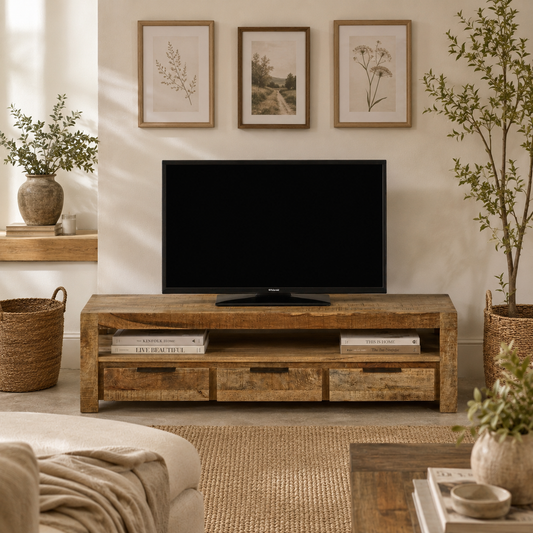 Sundara Large TV Unit with 3 Drawers – Light Mango Wood