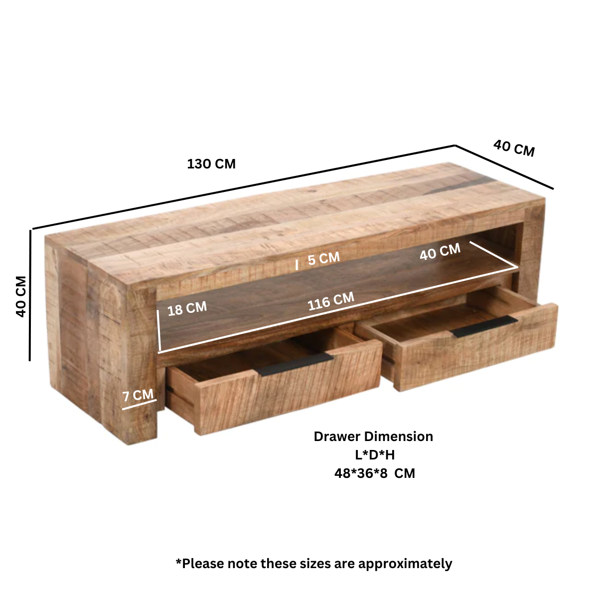 Sundara TV Stand with 2 Drawers – Solid Mango Wood