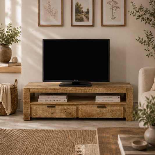 Sundara TV Stand with 2 Drawers – Solid Mango Wood