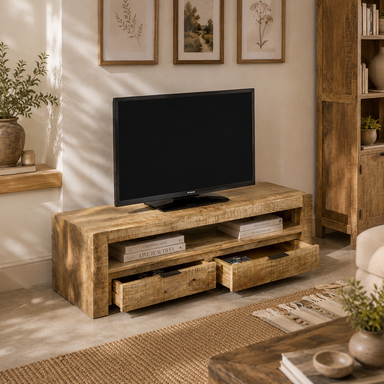 Sundara TV Stand with 2 Drawers – Solid Mango Wood