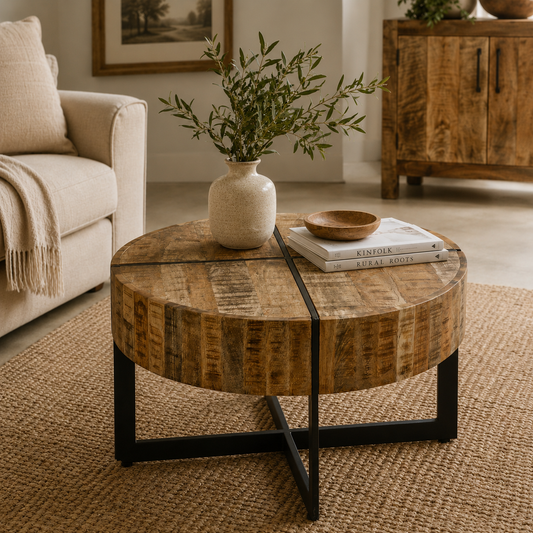 Sundara Coffee Table with Inlaid Metal Legs – Solid Mango Wood